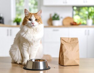 Fluffy longhair cat sits patiently beside its food bowl and a bag of kibble in a bright kitchen