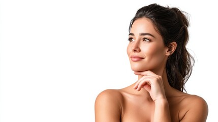 A young, confident woman with a thoughtful expression and natural makeup looking to the side