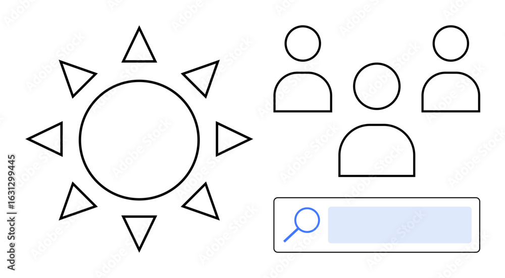 Poster sun with triangular rays beside user icons and magnifying glass search bar. ideal for teamwork, inno