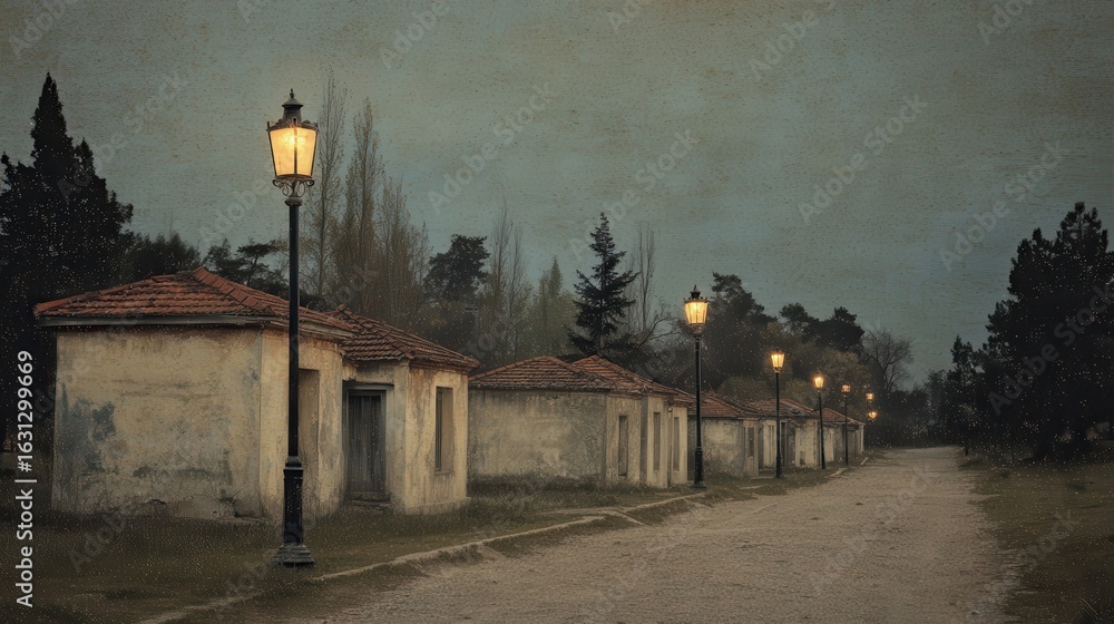 Poster rustic row of weathered buildings bathed in twilight light.