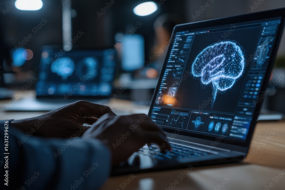 Poster a person working on their laptop with an ai brain interface displayed, showcasing the use of artific