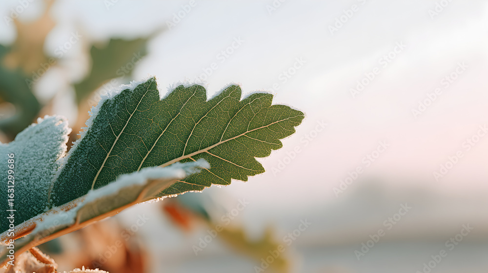 Poster close-up shot of a single green leaf with intricate details. The leaf is set against a soft, out-of-focus background, creating a sense of tranquility and highlighting the leaf's delicate texture.