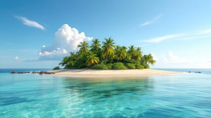 Fototapeta premium A tropical island with palm trees and white sand surrounded by turquoise water under a blue sky