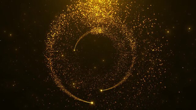 Golden Swirling Glitter Vortex luxury circle rotates particles lines. gold sparkles spiral energy swirl visual for promos award shows festive clips Award shows, celebration intros, Diwali fantasy