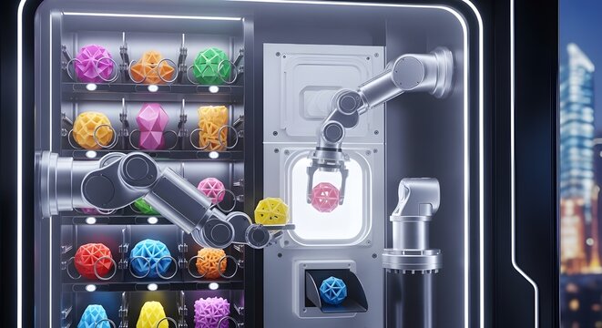 "Futuristic vending machine popping out 3D-printed snacks with robot arms"

