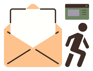 Open envelope with letter, digital window, and person walking. Ideal for communication, technology, business email, organization, workflow, mail service simple flat metaphor