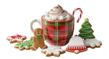 Festive Cocoa and Holiday Treats: A vibrant ensemble of holiday cookies and a mug of hot cocoa, a symphony of sweet flavors and visual delight.