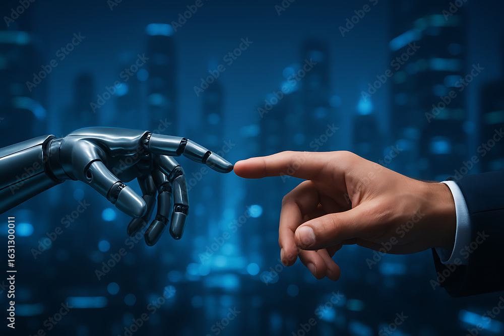 Aufkleber human and robotic hand reaching each other in high tech city background showing concept of artificia