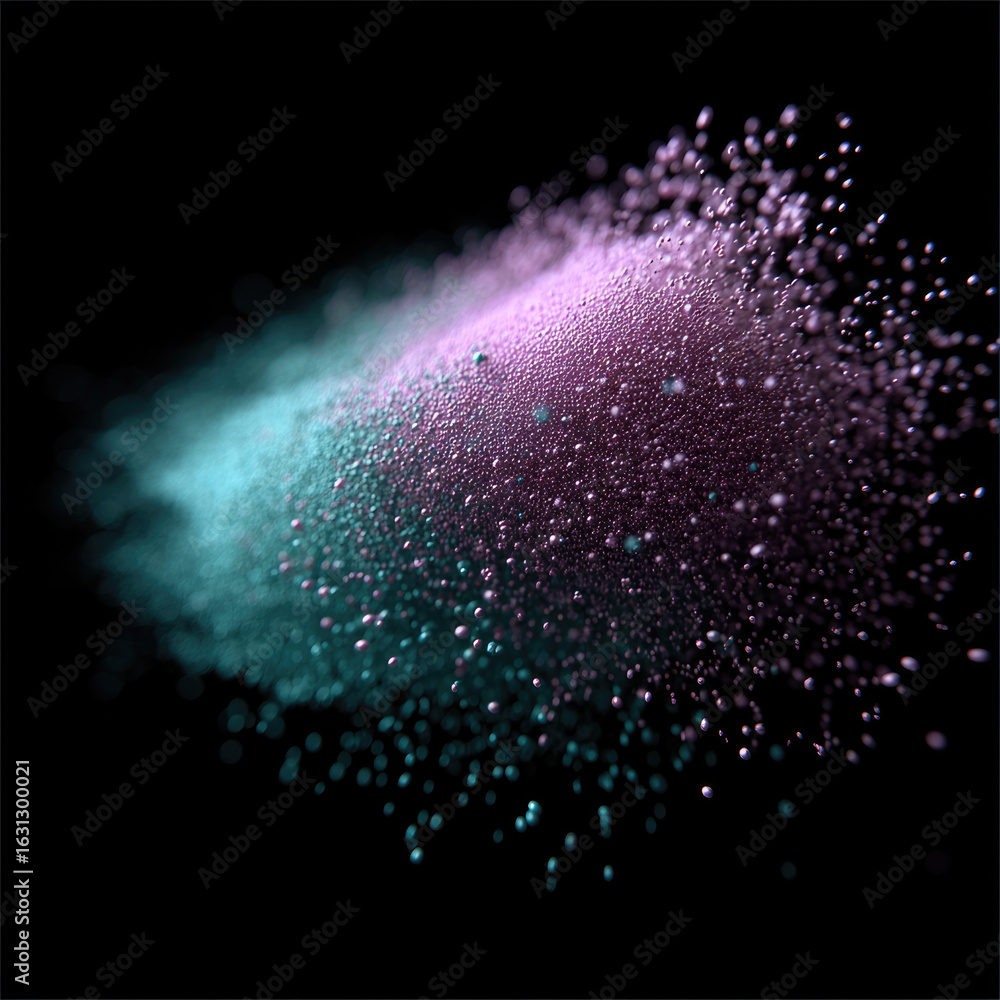 Poster soft color dust cloud abstract particle explosion black background vibrant dynamic digital art dream
