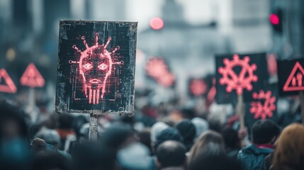 Protesters holding signs with stylized AI face crossed out, city backdrop blurred while facial recognition scanner glows with warning icons in foreground