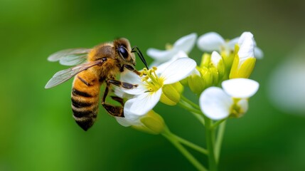 Close-up of a bee pollinating delicate white flowers in a vibrant green garden, showcasing nature's beauty