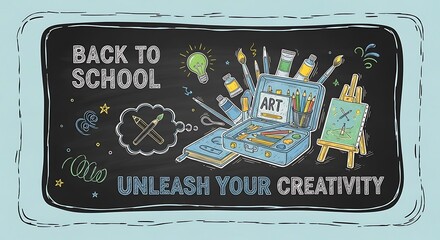 Back to school art supplies and creative tools on a blackboard with motivational message design