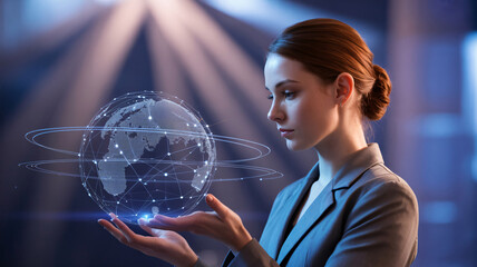 Naklejka premium Woman holding glowing digital globe with network connections and light rays technology earth