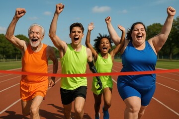 A diverse group of jubilant runners crossing the finish line, celebrating their victory with enthusiasm and joy on a sunny day at the track.