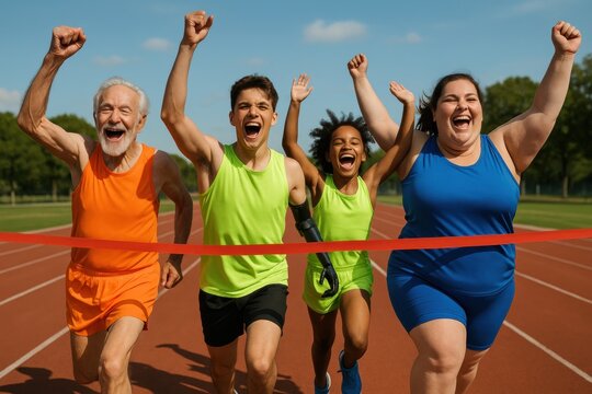 A diverse group of jubilant runners crossing the finish line, celebrating their victory with enthusiasm and joy on a sunny day at the track. - Powered by Adobe