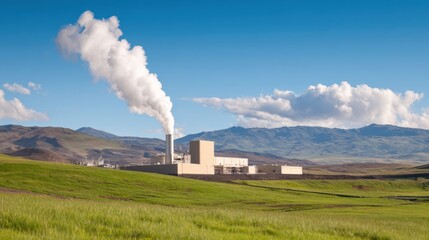 Industrial facility releasing steam into the atmosphere, surrounded by green fields and mountains