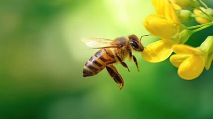 A close-up of a bee hovering near vibrant yellow flowers in a lush green garden, capturing nature's beauty