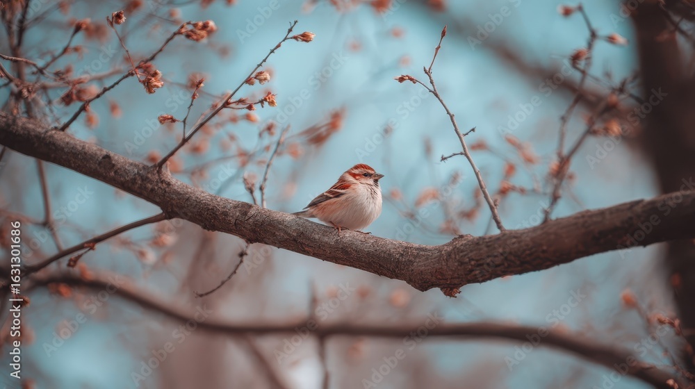 Aufkleber a sparrow rests on a branch of a tree.