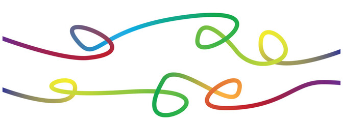 Colorful swirl line art in rainbow gradient featuring playful curved scribbles. Decorative abstract loops perfect for creative borders, dividers, and modern artistic design elements.