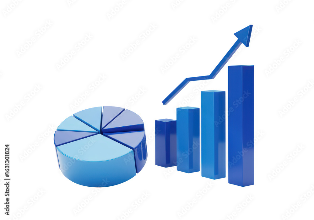 Poster business growth chart with pie and bar graphs and upward arrow isolated on transparent background