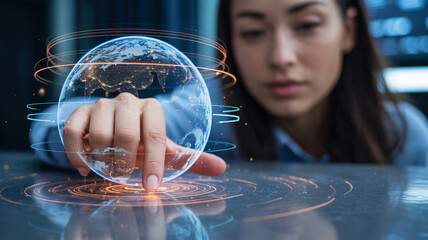 Woman interacting with a digital Earth projection showing data streams hand finger