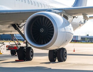 Close-up of airplane engine and landing gear on tarmac