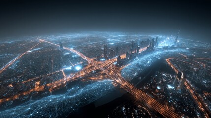 Intertwined highways illuminate the night in a glowing urban network