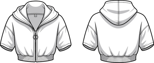 Front and back view of short sleeve hoodie jacket, technical fashion flat sketch, casual zip up design, apparel template, vector clothing illustration for designers

Art & Illustration