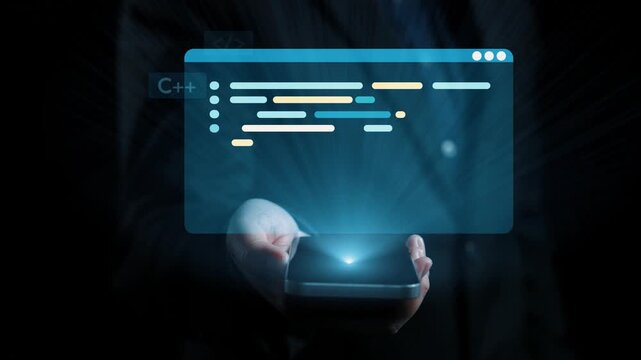 A futuristic coding interface featuring hands holding a smartphone, showcasing programming languages like HTML, Python, and Java against a dark background. Qubit
