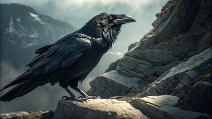 Fototapeta premium A solitary black raven with a sharp beak stands on the rocks in the wild