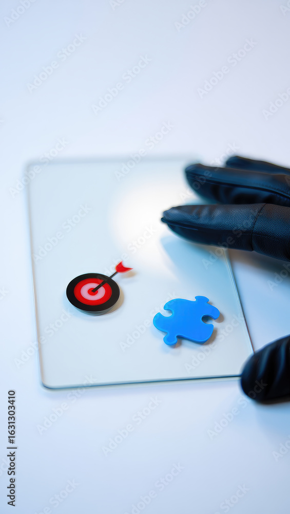 Aufkleber digital interface displaying target and puzzle piece icons with gloved hand touching screen on white