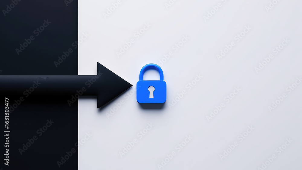 Poster abstract security concept with black arrow pointing to a blue padlock on a split black and white bac