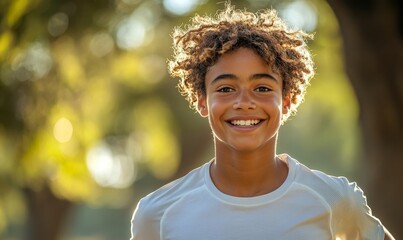 Happy mixed-race teenager jogging in the park on a sunny day. The image emphasizes fitness, mental health, and the importance of outdoor exercise for well-being, Generative AI