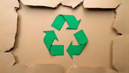 A green recycle symbol made from paper, torn kraft paper background - paper recycling and sustainable materials concept