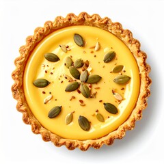Overhead View of Small Yellow Tart with Toasted Crust and Green Seeds on White Background