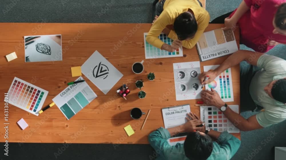Aufkleber top down aerial view of designer looking at tablet while project manager choosing color palettes. to