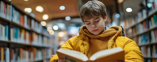 Inclusive image of a disabled school student in a wheelchair reading a book in a library, promoting accessibility and diversity in educational settings, Generative AI
