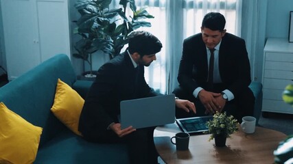 Top view of smart businessman walking in to the room while talking to manager about business plan or marketing strategy. Diverse team discuss about financial investment idea. Time lapse. Directorate. - Powered by Adobe