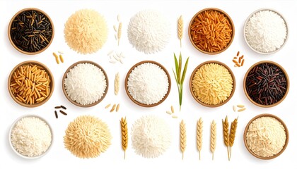 Assortment of Various Rice Grains in Wooden Bowls on White Background