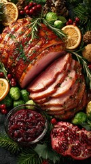 Deliciously glazed ham accompanied by seasonal fruits and herbs for a festive celebration centerpiece
