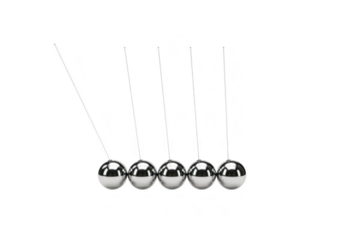 Newtons cradle, a physics toy demonstrating conservation of momentum and energy, isolated on transparent background