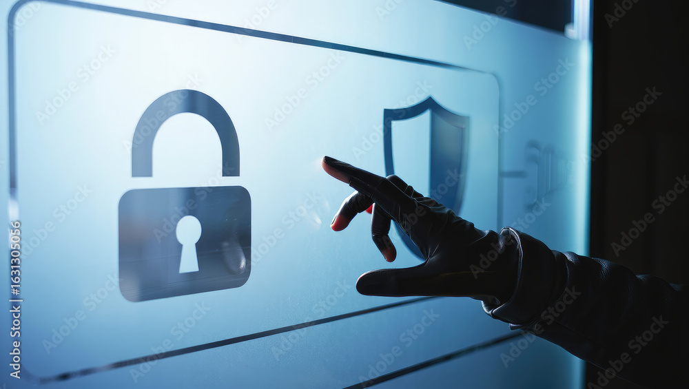Poster cyber security concept a hand in a dark glove touches a padlock icon on a screen with a shield symbo