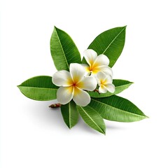 Plumeria flowers with vibrant green leaves