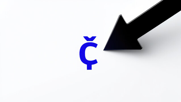 Economic Downturn Concept A Black Arrow Points Downward at a Blue Czech Koruna Currency Symbol on a White Background Signifying Financial Decline and Recession