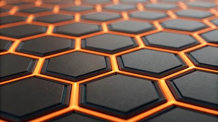 Glowing orange and charcoal hexagon grid on dark brushed steel — energy tech interface design
