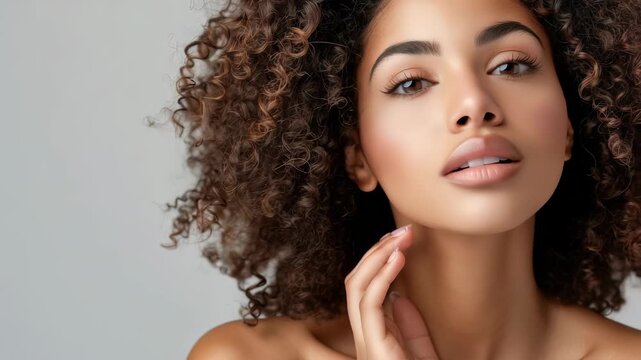 Close-up studio shot beautiful young woman with glowing skin, curly hair. She is softly touching her face, presented against muted background. scene highlights natural beauty.