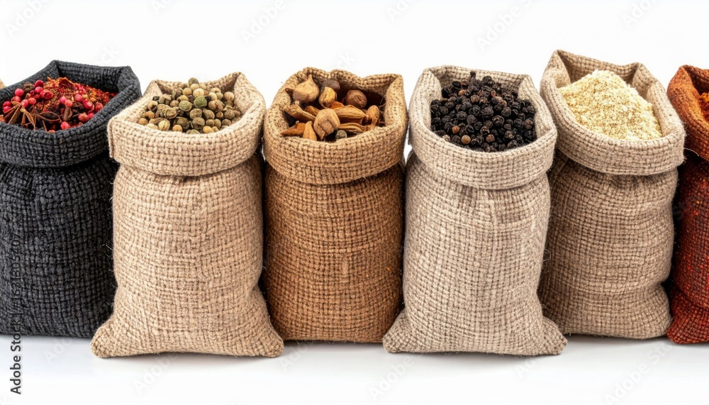 Poster assorted spices displayed in burlap sacks on white background in a studio still life