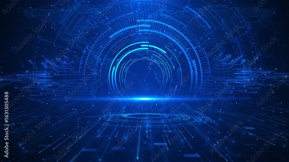 Poster futuristic web network circle hud techno digital circles of blue glowing dots. big data visualizatio