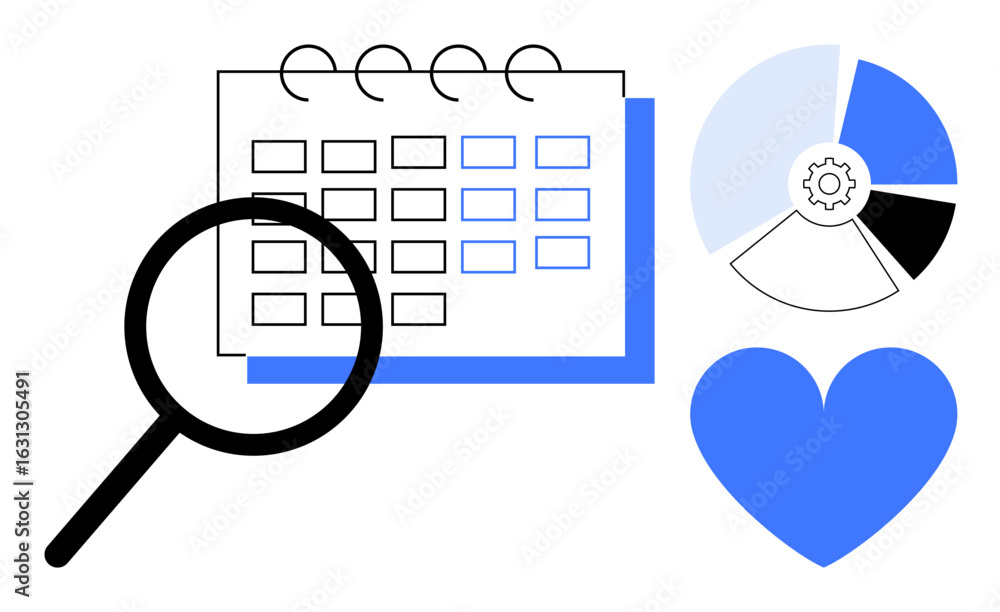 Aufkleber magnifying glass exploring calendar alongside a pie chart and heart. ideal for scheduling, analytics