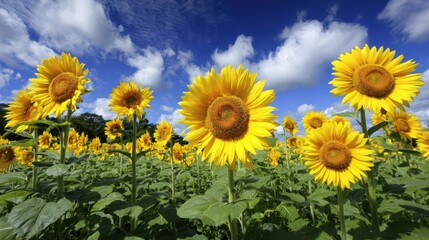 A vibrant field of sunflowers under a partly cloudy sky.